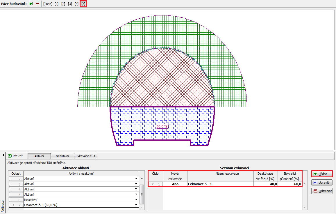Fáze budování 5: modelování výrubu opěří tunelu, aktivace nevystrojeného výrubu V dalším kroku přidáme 5. fázi budování.