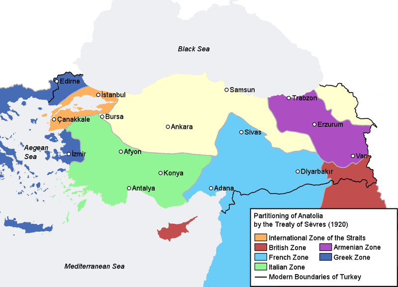 45 Příloha 3 Rozdělení Turecka podle smlouvy ze Sèvres (fialově