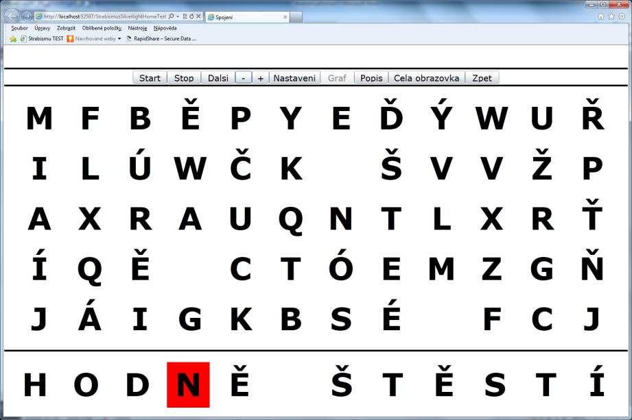 Při stisku tlačítka Start je vždy vytvořeno nové zadání. Úkolem je v horním poli písmen posupně najít a od-klikat (levým tlačítkem myši) všechna písmena vyskytující se v zadaném textu.