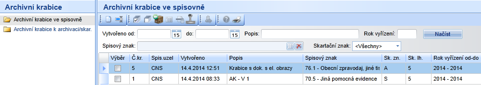 5. Modul Spisovna V modulu Spisovna přibyla nová sekce Archivní krabice (seznam archivních krabic převedených do spisovny).