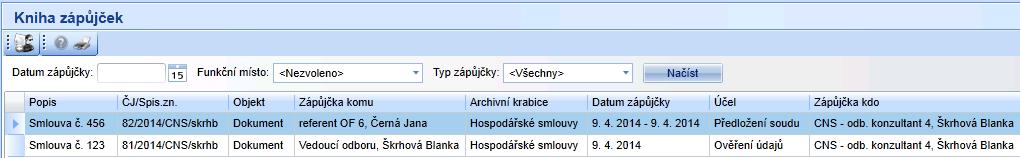 Ikony panelu nástrojů: Zobrazí tiskovou sestavu provede tisk Archivní knihy v tiskové sestavě se tisknou stejné údaje jako v řádkovém zobrazení Archivní knihy. 5.4.