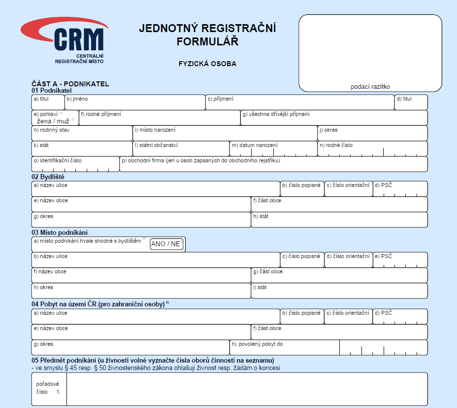 Jednotný registrační formulář účinnost od 1.