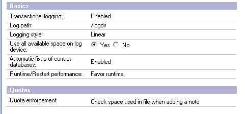 2. Transakční logování a kvóty Používáte transakční logování? Používáte kvóty? Nastavte Quota enforcement na Check space used in file when adding a note.