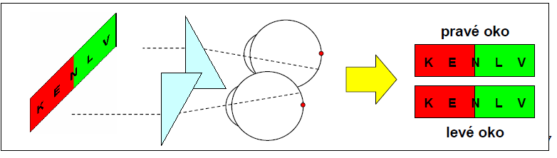 3.5.1 Prizmatem disociovaný červeno - zelený test Test se skládá ze dvou komplementárně zbarvených částí (z červené a zelené), které využívají principu chromatické (barevné) aberace oka.