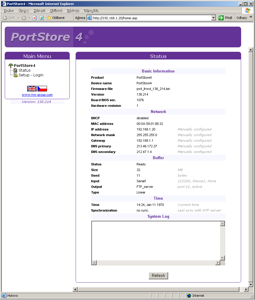 PrtStre4 starting guide 3) Nastavení - Internetvý prhlížeč HW grup Vlžte d Vašeh prhlížeče IP adresu zařízení, neb spusťte UCP Cnfig a v seznamu nalezených zařízení pklepejte na IP adresu zařízení.