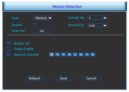 5.3.3.5 Detekce pohybu Pro nastavení detekce pohybu klikněte na ikonu Motión detect Obrázek 5-14 TYPE: obrazová detekce (včetně upozornění) CHANNEL NO: výběr konkrétního kanálu (možné vybrat všechny