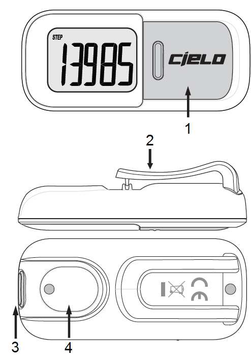 ČÁSTI KROKOMĚRU 1. Tlačítko MODE 2. Integrovaný klips 3. Tlačítko SET 4. Přihrádka na baterie POPIS PRODUKTU Děkujeme vám za zakoupení tohoto krokoměru.