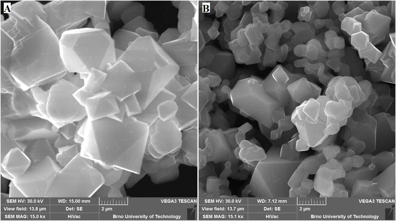 Obr. 105: SEM analýza vzorků: A) LiNi 0,5 Mn 1,5 O 4 klasik; B) LiNi 0,5 Mn 1,5 O 4 nano, použité zorné pole 13,8 μm.[102] Obr. 106: EDS analýza vzorku LiNi 0,5 Mn 1,5 O 4 nano.[102] Na Obr.