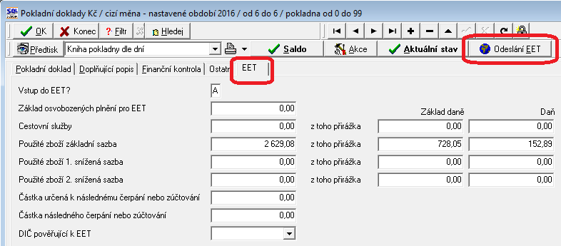 Magazín informačního systému 207 Pokud se jedná o běžný pokladní doklad, který není platbou vystavených faktur (druh operace 2), pak k odeslání dokladu není nutné mít doklad rozúčtován.