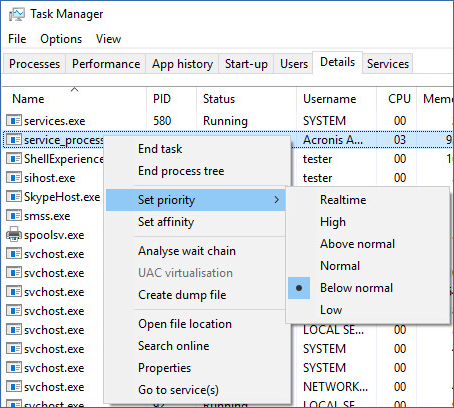 Tato možnost nastavuje prioritu procesu zálohování ve Windows (service_process.exe) a v Linuxu a OS X (service_process).