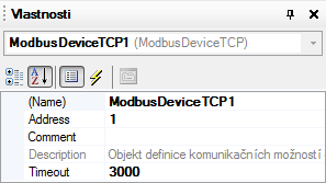 Obr. 2 Panel vlastnosti objektu ModbusDeviceTCP Význam položky označené na Obr. 2: Address Adresa slave zařízení se kterým bude regulátor AMREG komunikovat.