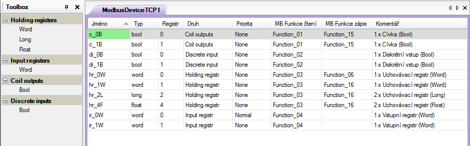 Obr. 5 Otevřená záložka objektu ModbusDeviceTCP1 K datu vytvoření této aplikační poznámky lze definovat následující datové body: Uchovávací registry (holding registers) typu Word, Long, Float *),