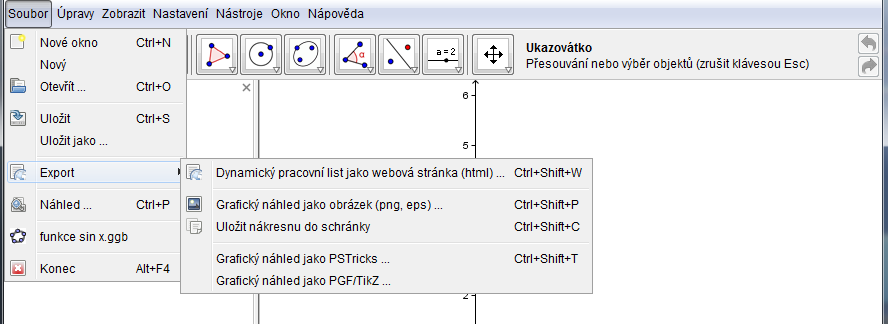 Export GeoGebra nabízí řadu možností exportu vytvořené grafiky. Nejjednodušší způsob je vytvořené konstrukce exportovat jako obrázek ve formátech png, gif nebo v dokumentových formátech pdf, eps.