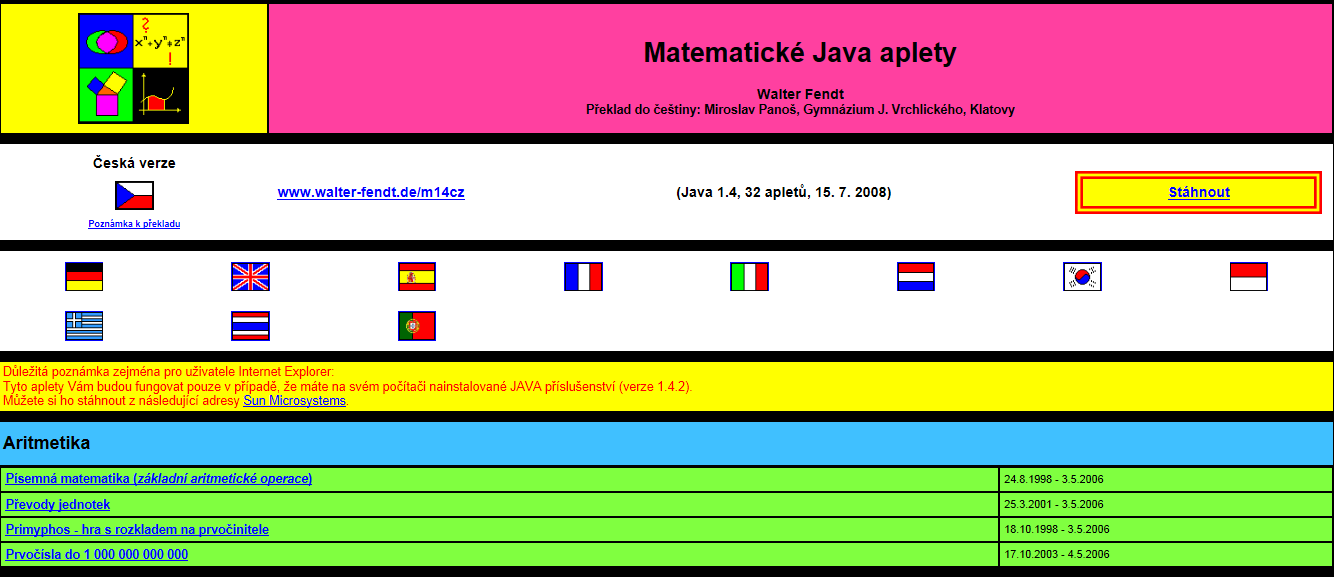 Matematické applety Applet je aplikace, kterou lze běžně spustit přímo v prostředí internetového prohlížeče. Zpravidla je nutné si nainstalovat aplikaci Java Virtual Machine.