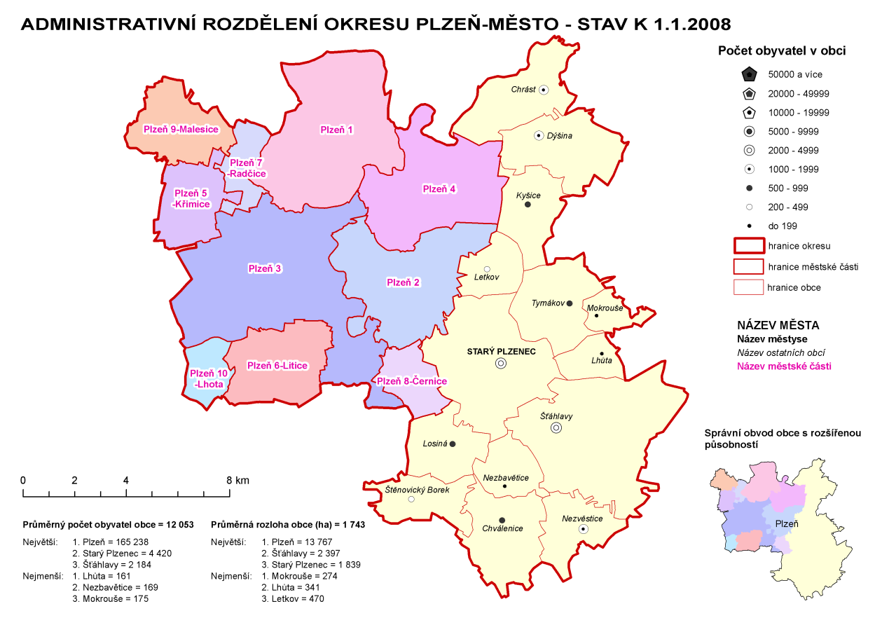 6.3 Charakteristika osídlení v okrese Plzeň-město Obr. č. 5 Administrativní rozdělení okresu Plzeň-město k 1. 1. 2008 Zdroj: Převzato z ČSÚ 6.3.1 Historie osídlení okresu Plzeň-město Prvotní osídlení centrální části kraje je z doby staršího paleolitu.