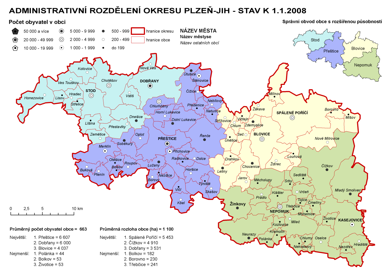 6.4 Charakteristika osídlení v okrese Plzeň-jih Obr. č. 6 Administrativní rozdělení okresu Plzeň-jih k 1. 1. 2008 Zdroj: Převzato z ČSÚ 6.4.1 Historie osídlení okresu Plzeň-jih Na území dnešního okresu je doloženo osídlení už z doby kamenné.