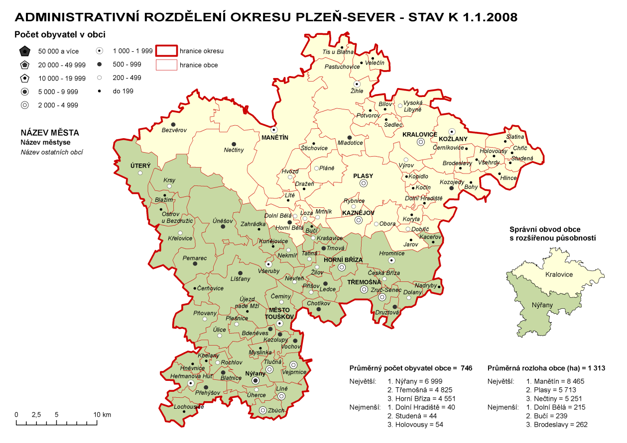 6.5 Charakteristika osídlení v okrese Plzeň-sever Obr. č. 7 Administrativní rozdělení okresu Plzeň-sever k 1. 1. 2008 Zdroj: Převzato z ČSÚ 6.5.1 Historie osídlení okresu Plzeň-sever První doklady o