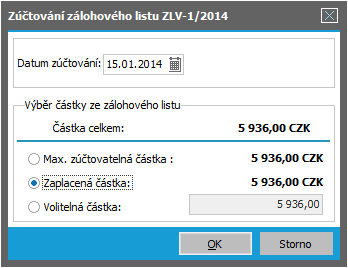 V našem případě je zálohový list zcela zaplacen a dosud nebyl ani částečně zúčtován, tudíž částky jsou si rovny. ABRA vzhled modrý.