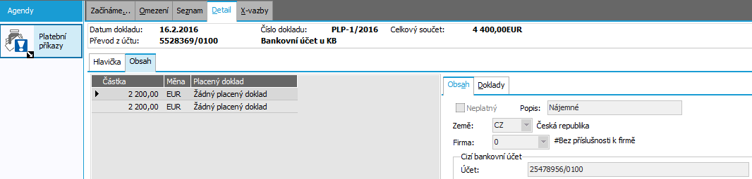 Po dokončení se rovnou otevře agenda Platebních příkazů, kde budou k dispozici právě vytvořené příkazy (vytvořily se v řadách dokladů, které jsme se nadefinovali k příslušným bank. účtům v kap.