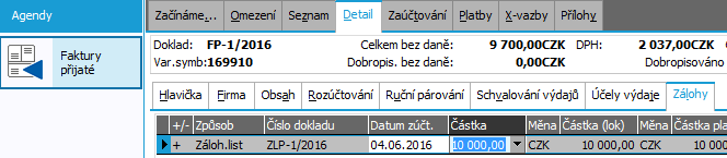 Příklad řádků faktury přijaté. ABRA vzhled modrý. Řádky se předvyplnily dle naší objednávky vydané.