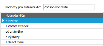 Poté pomocí funkce Nový klíč zadáme opět do položky Hodnoty pro aktuální klíč název našeho druhého klíče Kontakt a obdobně jako pro klíč Obchodní vztah nadefinujeme hodnoty klíče Způsob kontaktu a