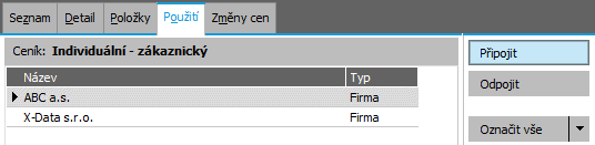 Příklad připojení individuálního ceníku k vybraným firmám.