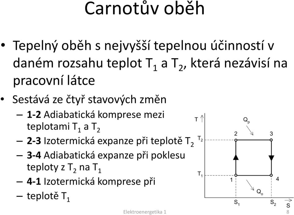 mezi teplotami T 1 a T 2 2-3 Izotermická expanze při teplotě T 2 3-4 Adiabatická expanze