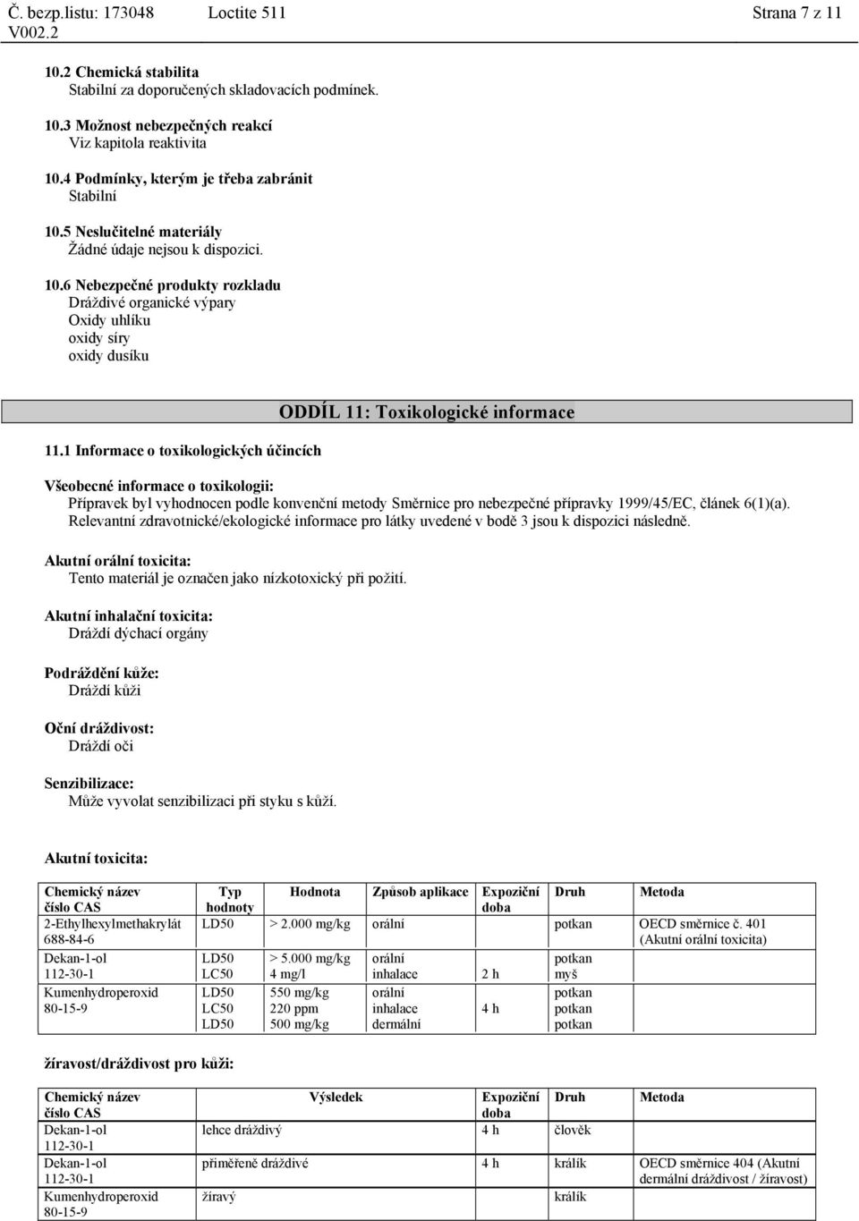 1 Informace o toxikologických účincích ODDÍL 11: Toxikologické informace Všeobecné informace o toxikologii: Přípravek byl vyhodnocen podle konvenční metody Směrnice pro nebezpečné přípravky