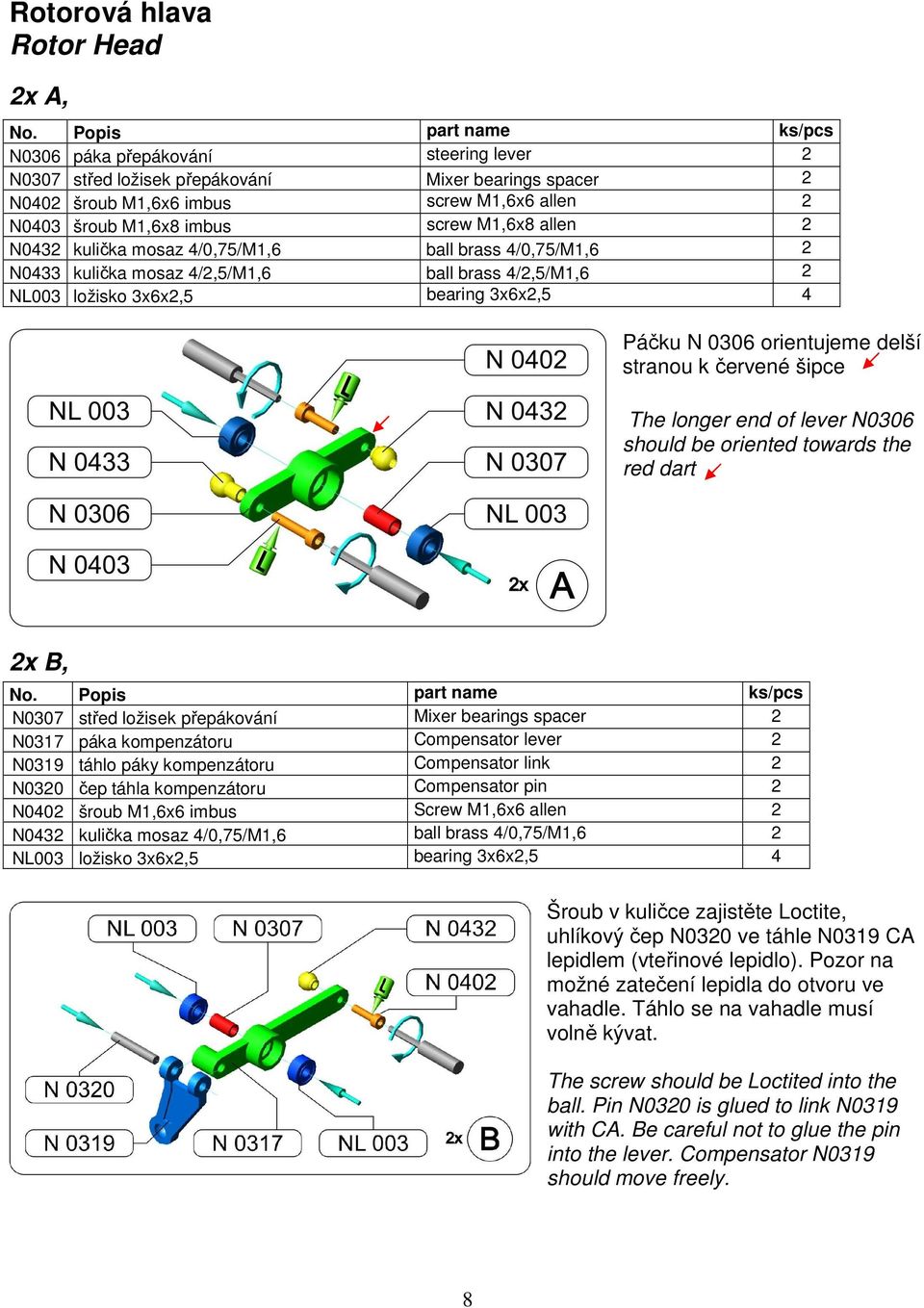 M1,6x8 allen 2 N0432 kulička mosaz 4/0,75/M1,6 ball brass 4/0,75/M1,6 2 N0433 kulička mosaz 4/2,5/M1,6 ball brass 4/2,5/M1,6 2 NL003 ložisko 3x6x2,5 bearing 3x6x2,5 4 Páčku N 0306 orientujeme delší