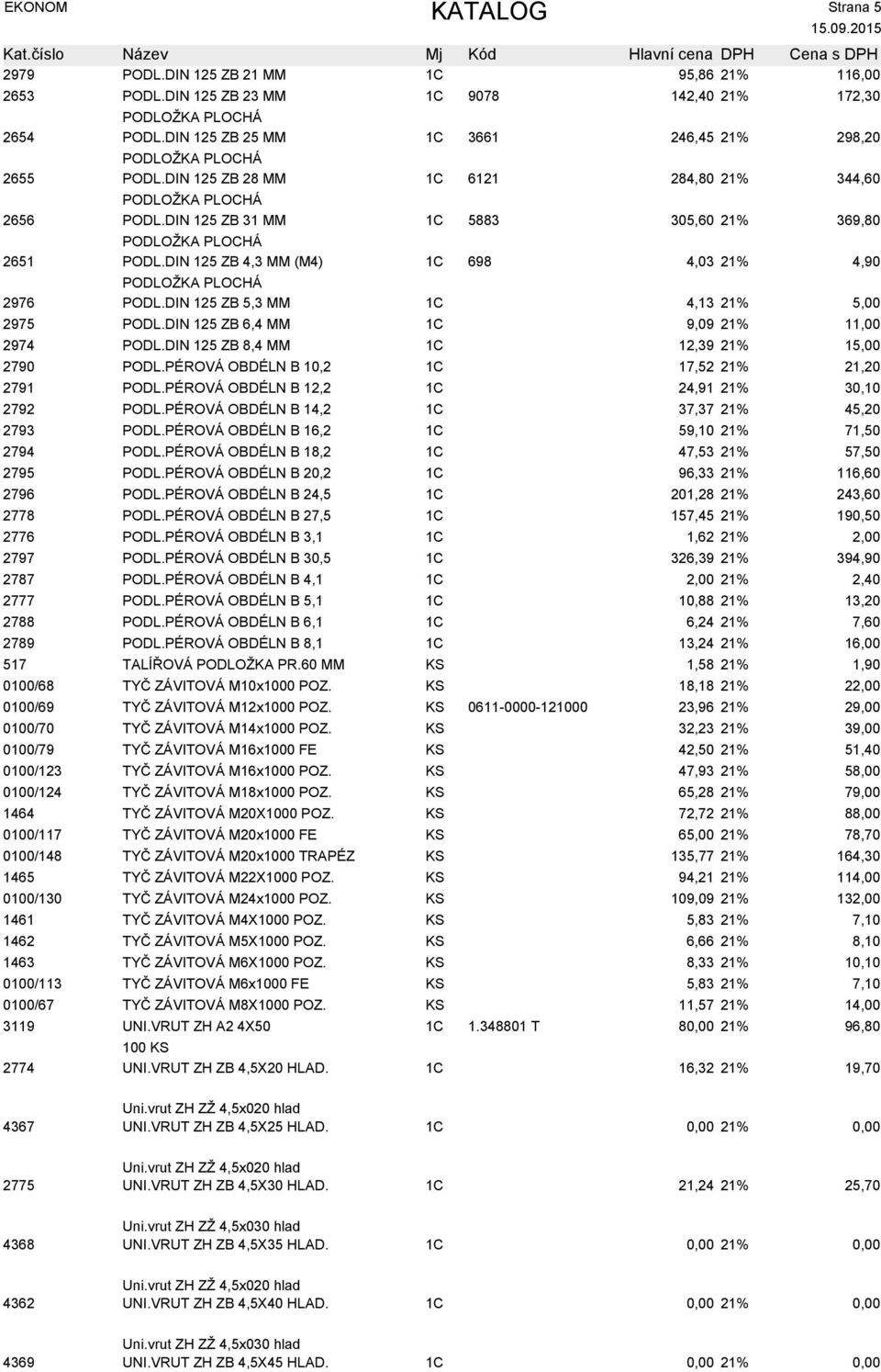 DIN 125 ZB 31 MM 1C 5883 305,60 21% 369,80 PODLOŽKA PLOCHÁ 2651 PODL.DIN 125 ZB 4,3 MM (M4) 1C 698 4,03 21% 4,90 PODLOŽKA PLOCHÁ 2976 PODL.DIN 125 ZB 5,3 MM 1C 4,13 21% 5,00 2975 PODL.