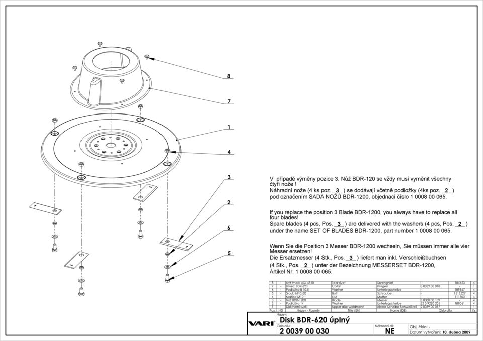 ) are delivered with the washers ( pcs, Pos. ) under the name SET OF BLADES BDR-00, part number 0008 00 06. Wenn Sie die Position Messer BDR-00 wechseln, Sie müssen immer alle vier Messer ersetzen!