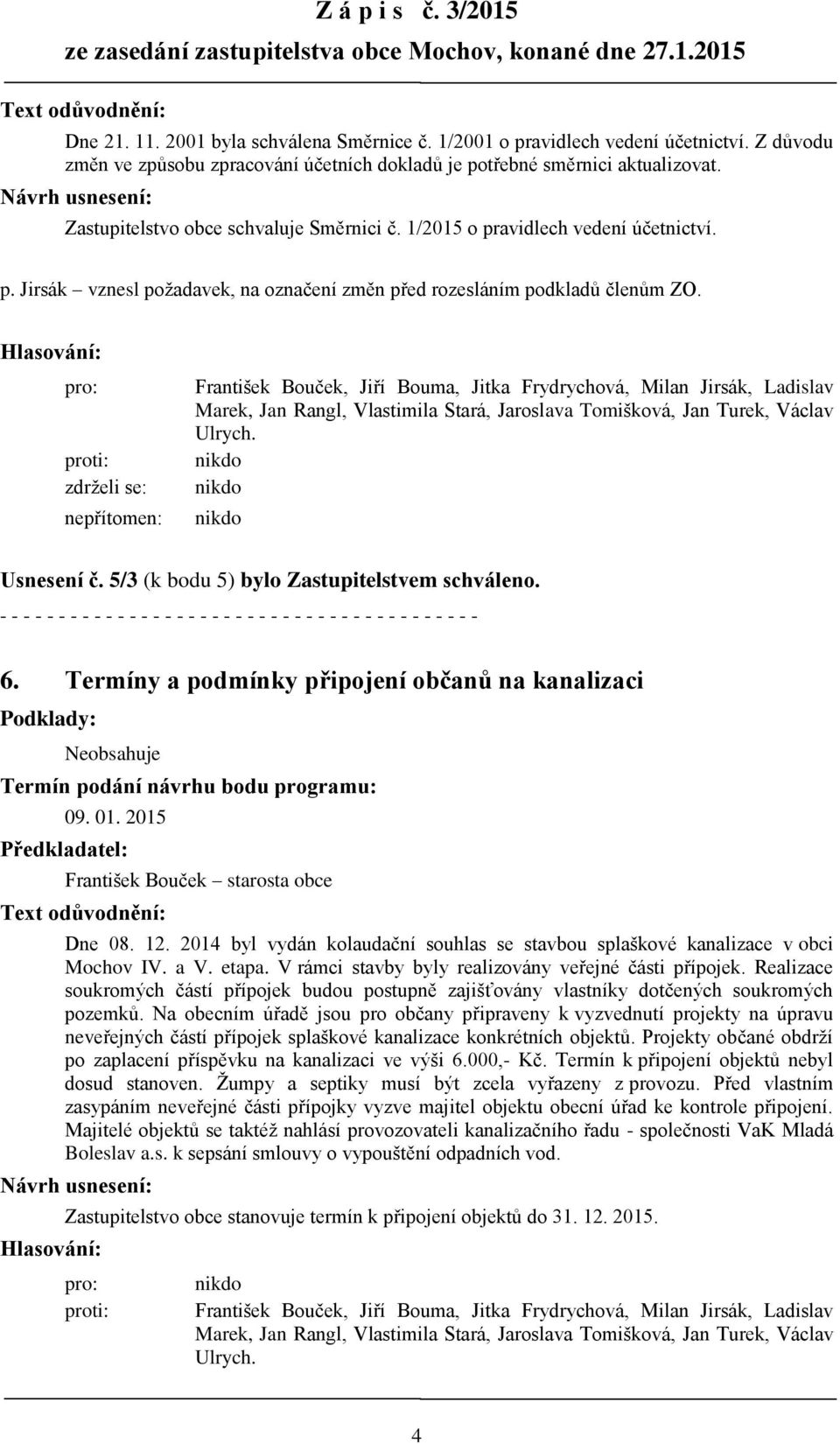 Hlasování: pro: proti: zdrželi se: nepřítomen: František Bouček, Jiří Bouma, Jitka Frydrychová, Milan Jirsák, Ladislav Marek, Jan Rangl, Vlastimila Stará, Jaroslava Tomišková, Jan Turek, Václav