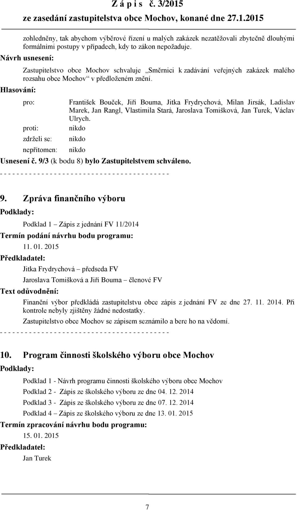 pro: proti: zdrželi se: nepřítomen: František Bouček, Jiří Bouma, Jitka Frydrychová, Milan Jirsák, Ladislav Marek, Jan Rangl, Vlastimila Stará, Jaroslava Tomišková, Jan Turek, Václav Ulrych.