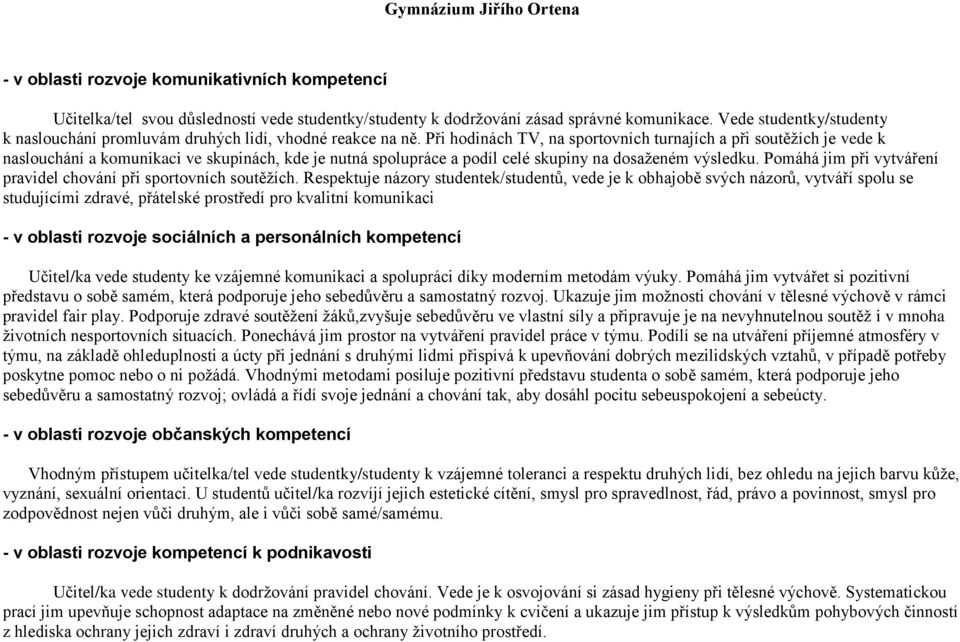 Při hodinách TV, na sportovních turnajích a při soutěžích je vede k naslouchání a komunikaci ve skupinách, kde je nutná spolupráce a podíl celé skupiny na dosaženém výsledku.