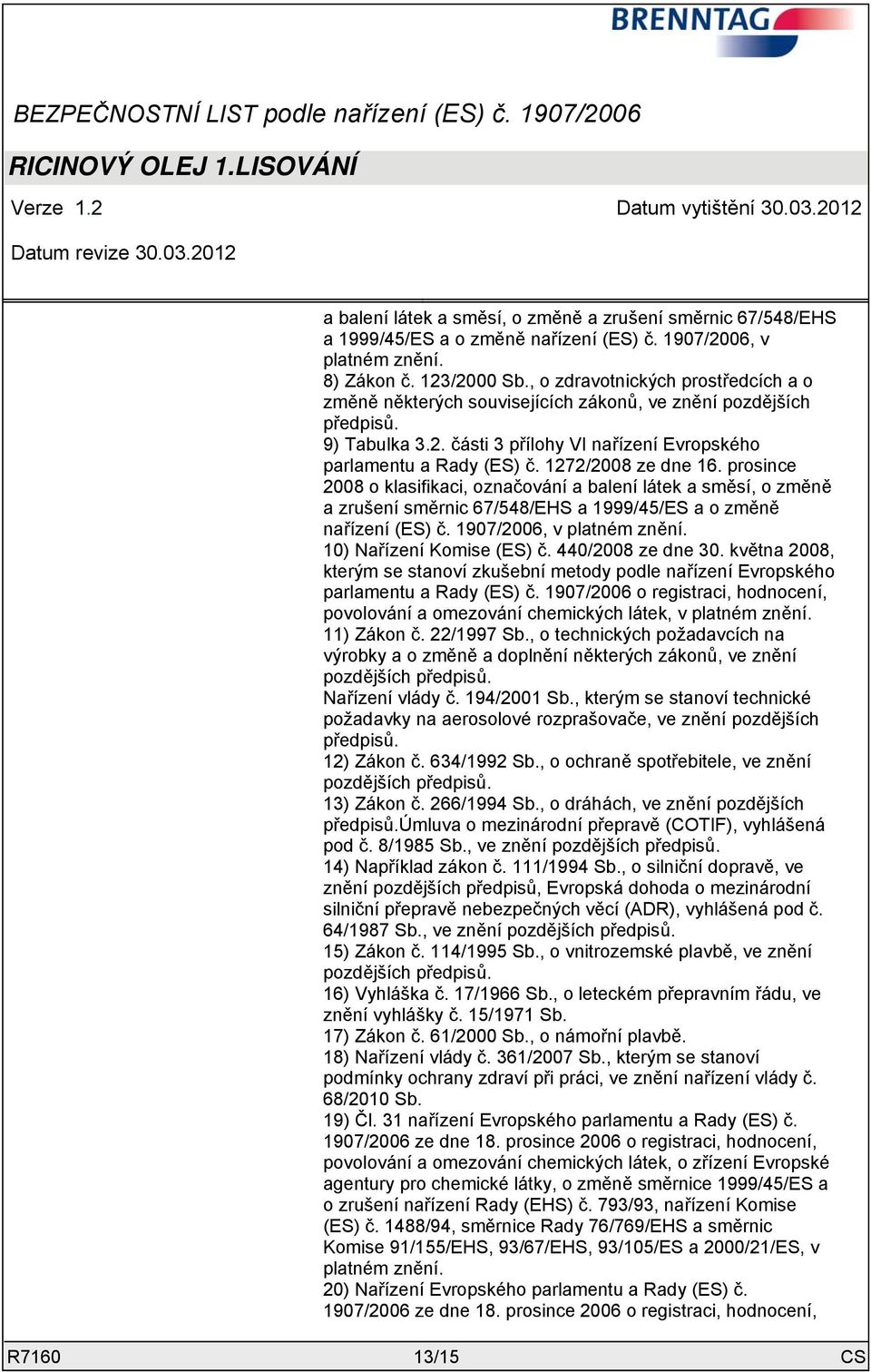 1272/2008 ze dne 16. prosince 2008 o klasifikaci, označování a balení látek a směsí, o změně a zrušení směrnic 67/548/EHS a 1999/45/ES a o změně nařízení (ES) č.