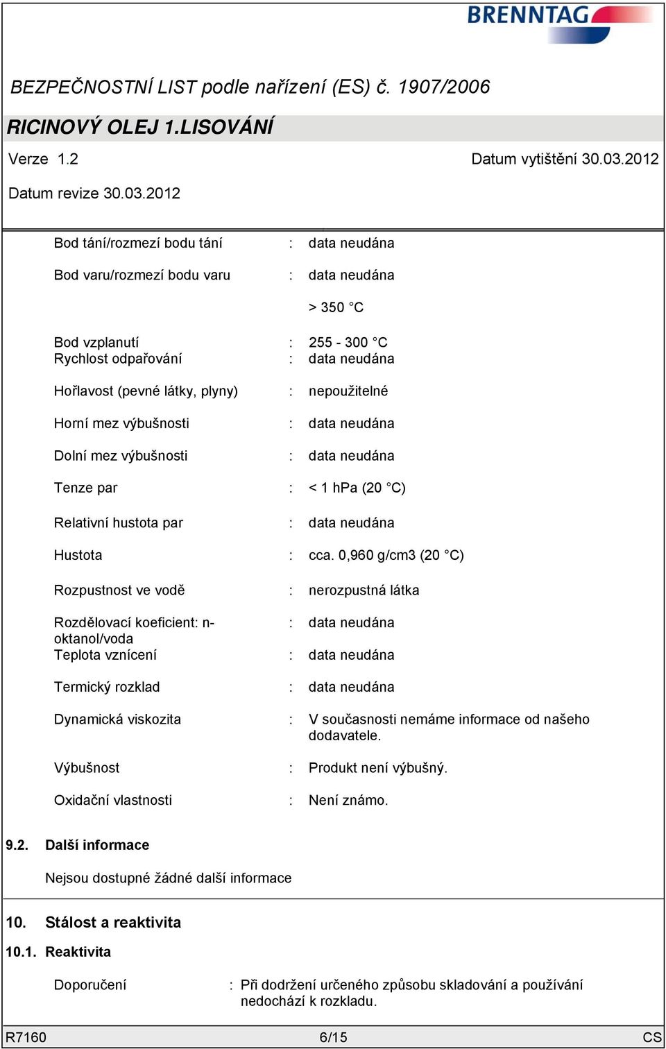 0,960 g/cm3 (20 C) Rozpustnost ve vodě : nerozpustná látka Rozdělovací koeficient: n- : data neudána oktanol/voda Teplota vznícení : data neudána Termický rozklad : data neudána Dynamická viskozita :