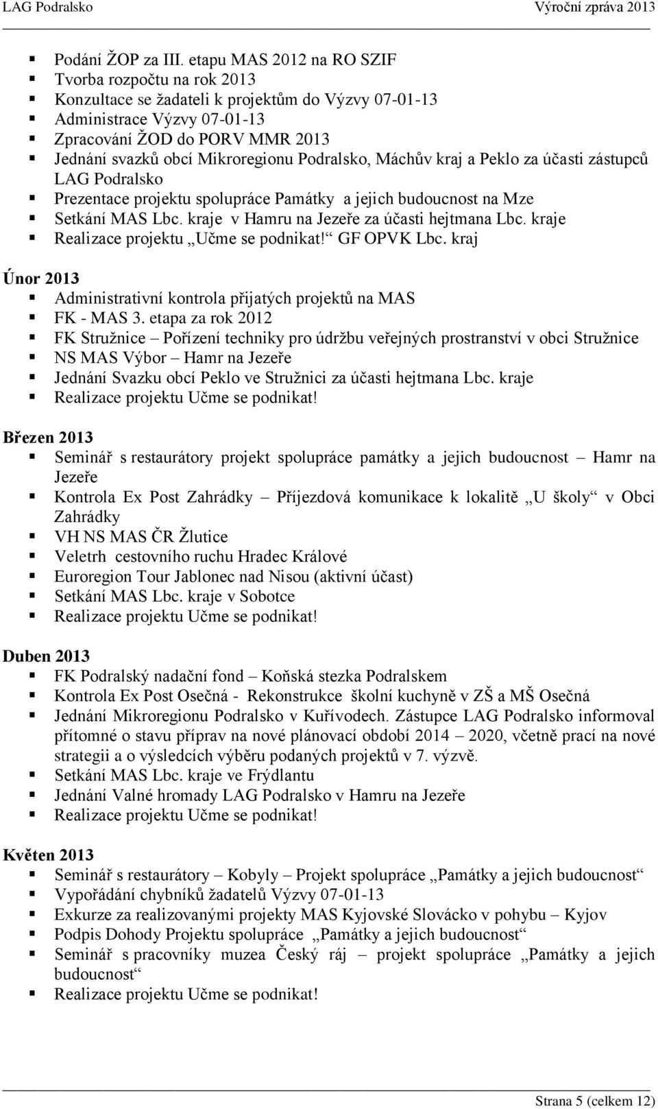 Podralsko, Máchův kraj a Peklo za účasti zástupců LAG Podralsko Prezentace projektu spolupráce Památky a jejich budoucnost na Mze Setkání MAS Lbc. kraje v Hamru na Jezeře za účasti hejtmana Lbc.