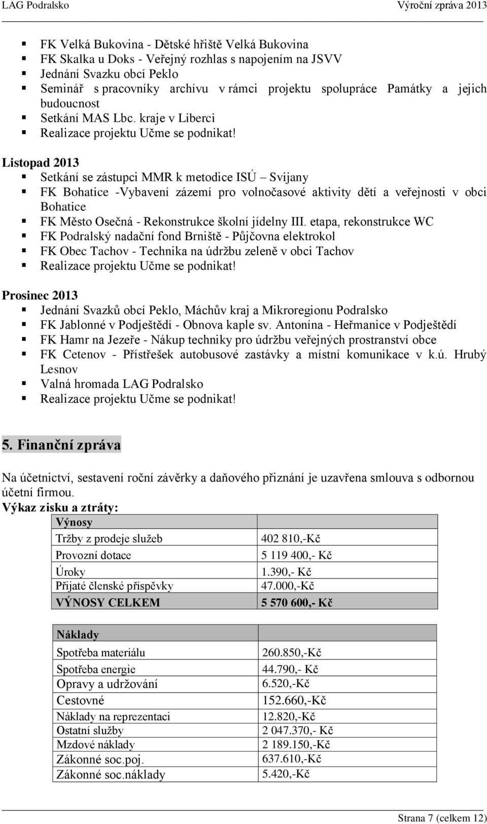 kraje v Liberci Listopad 2013 Setkání se zástupci MMR k metodice ISÚ Svijany FK Bohatice -Vybavení zázemí pro volnočasové aktivity dětí a veřejnosti v obci Bohatice FK Město Osečná - Rekonstrukce