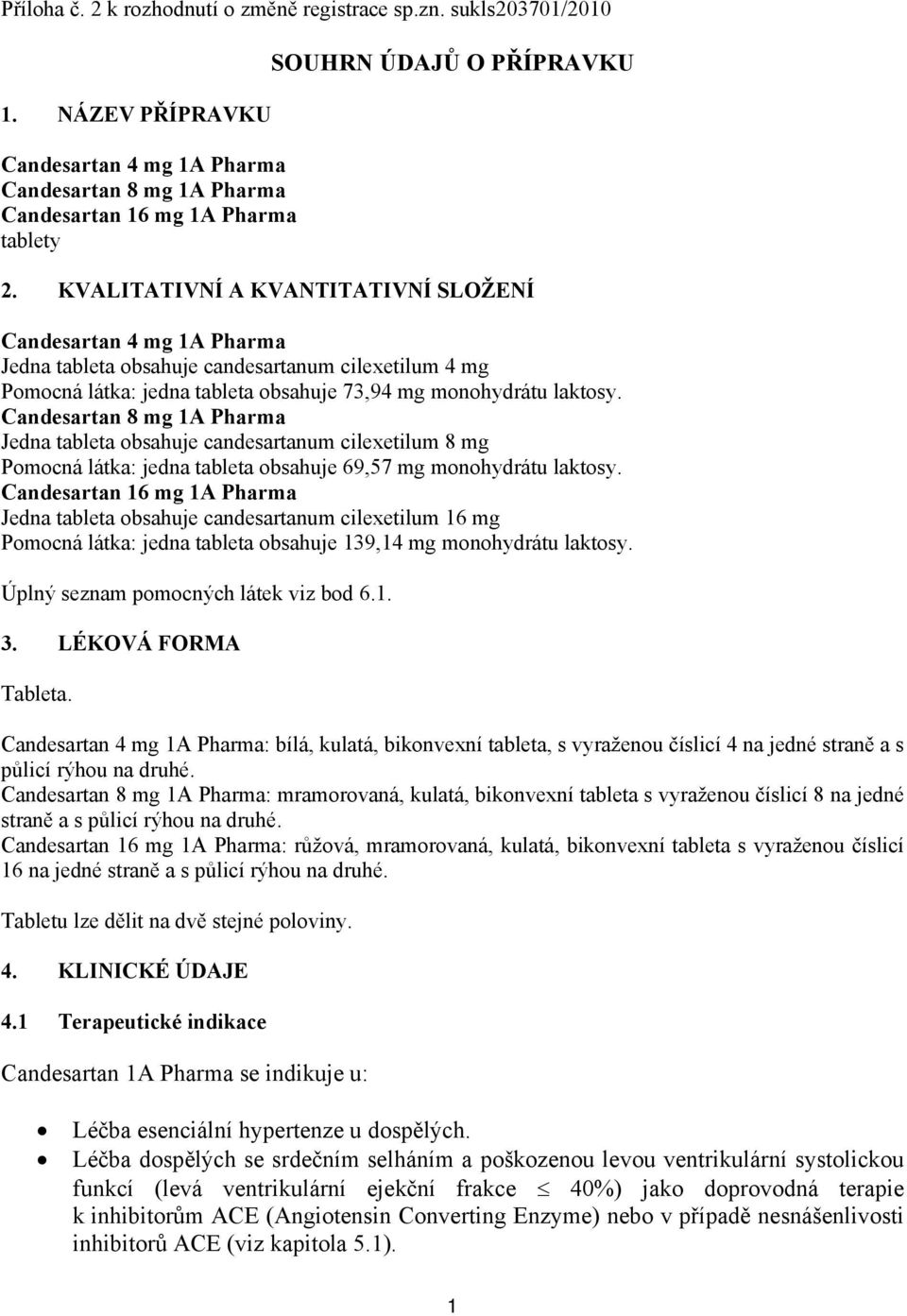 KVALITATIVNÍ A KVANTITATIVNÍ SLOŽENÍ Candesartan 4 mg 1A Pharma Jedna tableta obsahuje candesartanum cilexetilum 4 mg Pomocná látka: jedna tableta obsahuje 73,94 mg monohydrátu laktosy.