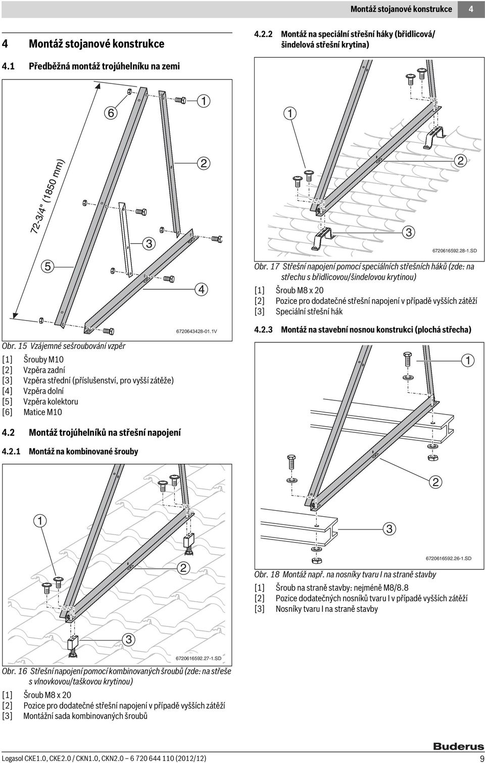 17 Střešní napojení pomocí speciálních střešních háků (zde: na střechu s břidlicovou/šindelovou krytinou) [1] Šroub M8 x 0 [] Pozice pro dodatečné střešní napojení v případě vyšších zátěží [3]