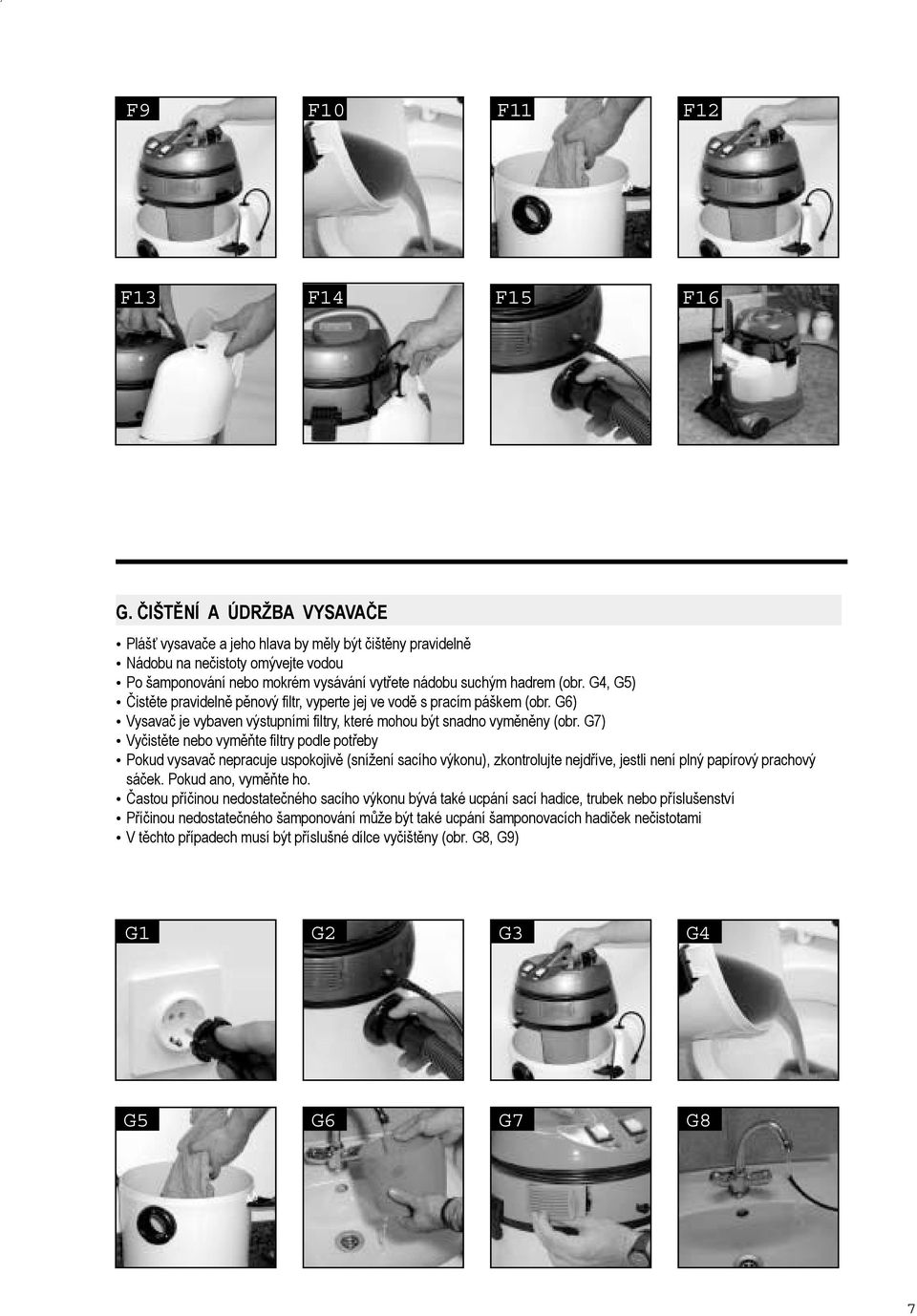 G4, G5) Čistěte pravidelně pěnový ltr, vyperte jej ve vodě s pracím páškem (obr. G6) Vysavač je vybaven výstupními ltry, které mohou být snadno vyměněny (obr.