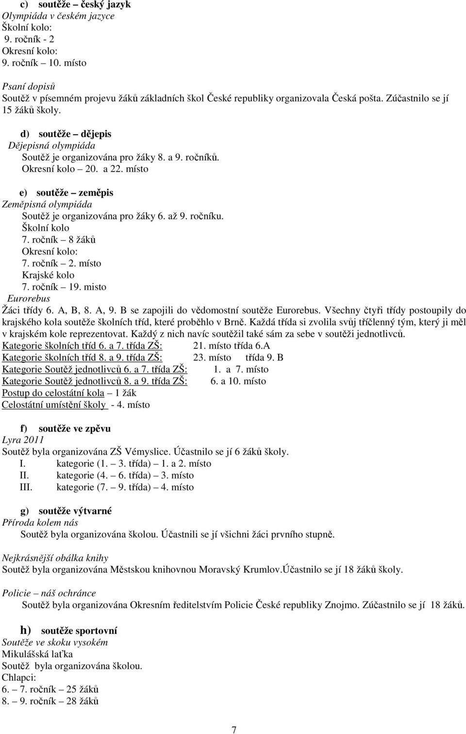 d) soutěže dějepis Dějepisná olympiáda Soutěž je organizována pro žáky 8. a 9. ročníků. Okresní kolo 20. a 22. místo e) soutěže zeměpis Zeměpisná olympiáda Soutěž je organizována pro žáky 6. až 9.