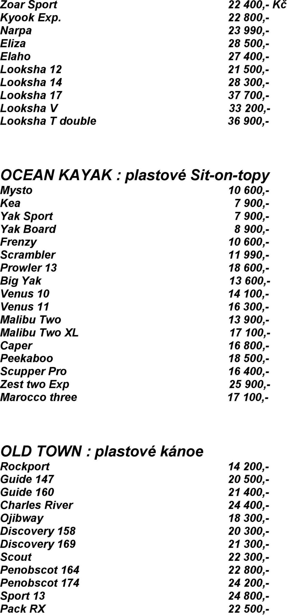 10 600,- Kea 7 900,- Yak Sport 7 900,- Yak Board 8 900,- Frenzy 10 600,- Scrambler 11 990,- Prowler 13 18 600,- Big Yak 13 600,- Venus 10 14 100,- Venus 11 16 300,- Malibu Two 13 900,- Malibu Two XL