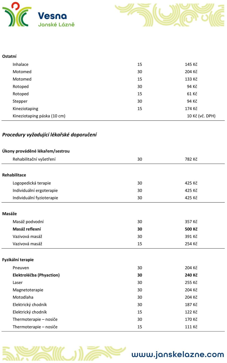 Individuální fyzioterapie 30 425 Kč Masáže Masáž podvodní 30 357 Kč Masáž reflexní 30 500 Kč Vazivová masáž 30 391 Kč Vazivová masáž 15 254 Kč Fyzikální terapie Pneuven 30 204 Kč