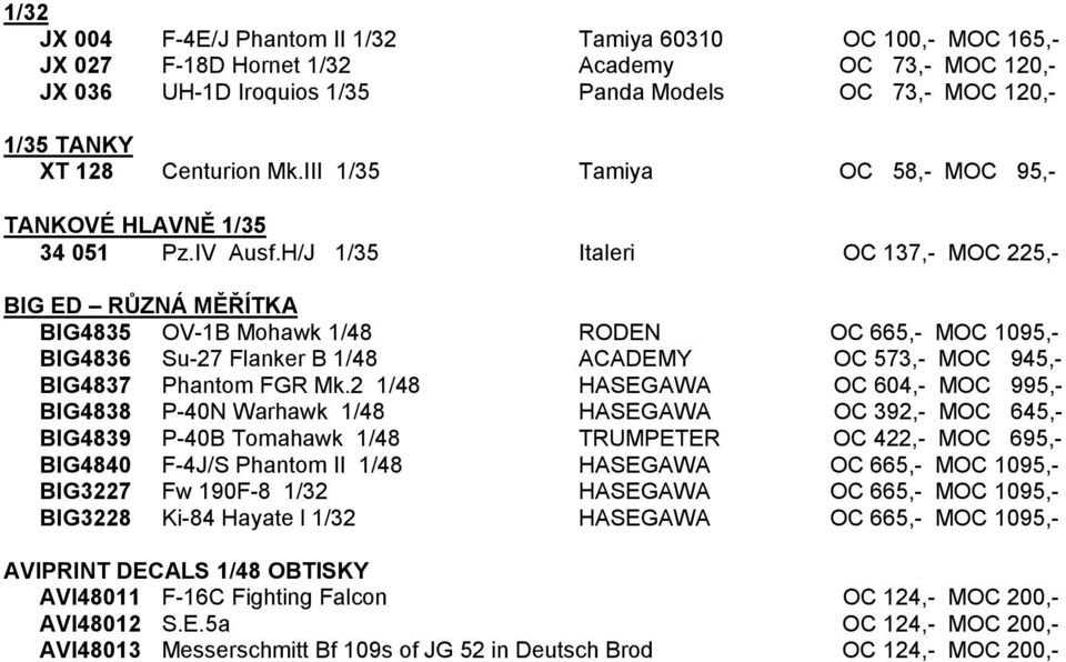 H/J 1/35 Italeri OC 137,- MOC 225,- BIG ED RŮZNÁ MĚŘÍTKA BIG4835 OV-1B Mohawk 1/48 RODEN OC 665,- MOC 1095,- BIG4836 Su-27 Flanker B 1/48 ACADEMY OC 573,- MOC 945,- BIG4837 Phantom FGR Mk.
