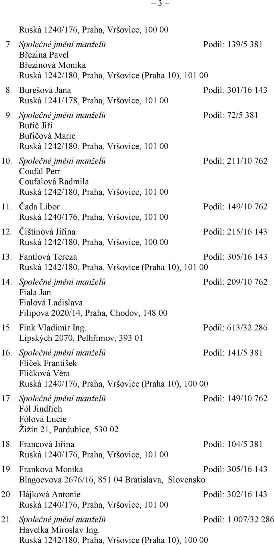 Společné jmění manželů Podíl: 211/10 762 Coufal Petr Coufalová Radmila Ruská 1242/180, Praha, Vršovice, 101 00 11. Čada Libor Podíl: 149/10 762 Ruská 1240/176, Praha, Vršovice, 101 00 12.