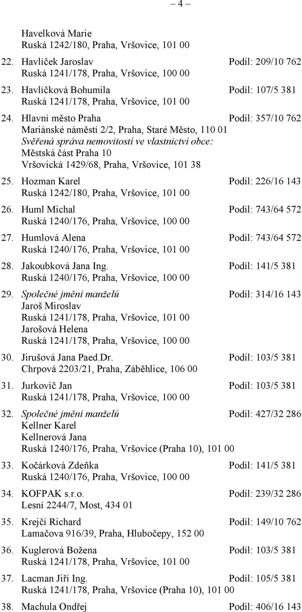 Hlavní město Praha Podíl: 357/10 762 Mariánské náměstí 2/2, Praha, Staré Město, 110 01 Svěřená správa nemovitostí ve vlastnictví obce: Městská část Praha 10 Vršovická 1429/68, Praha, Vršovice, 101 38