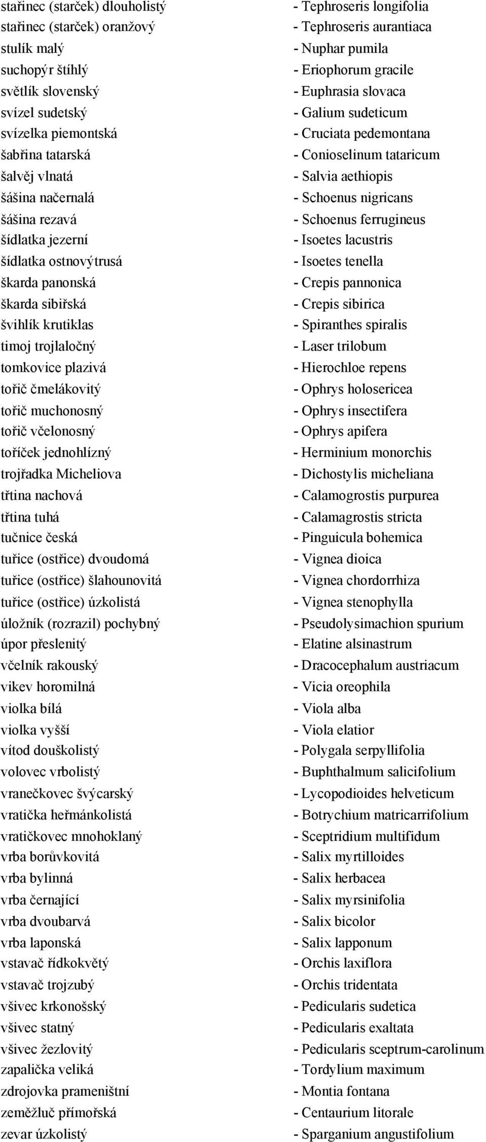 jednohlízný trojřadka Micheliova třtina nachová třtina tuhá tučnice česká tuřice (ostřice) dvoudomá tuřice (ostřice) šlahounovitá tuřice (ostřice) úzkolistá úložník (rozrazil) pochybný úpor