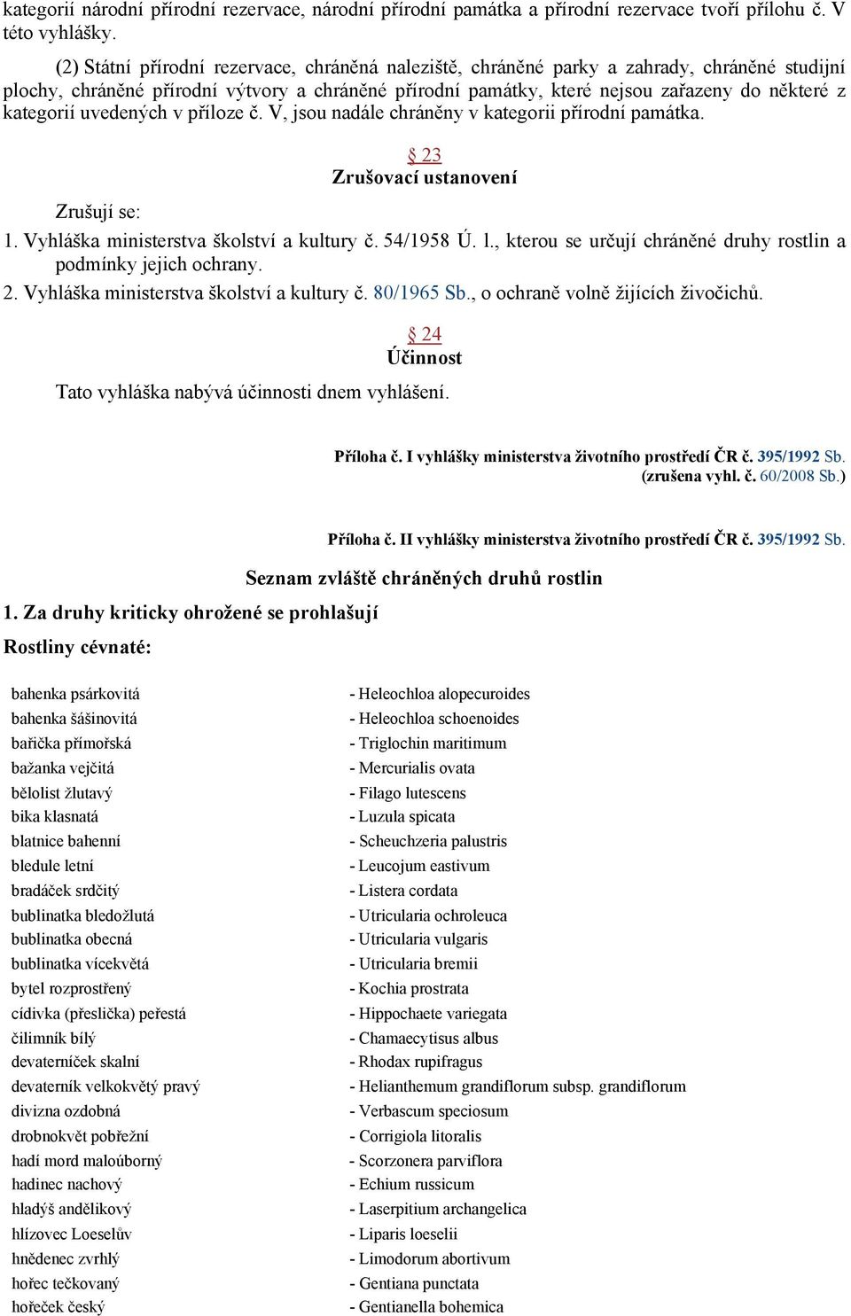 kategorií uvedených v příloze č. V, jsou nadále chráněny v kategorii přírodní památka. 23 Zrušovací ustanovení Zrušují se: 1. Vyhláška ministerstva školství a kultury č. 54/1958 Ú. l.