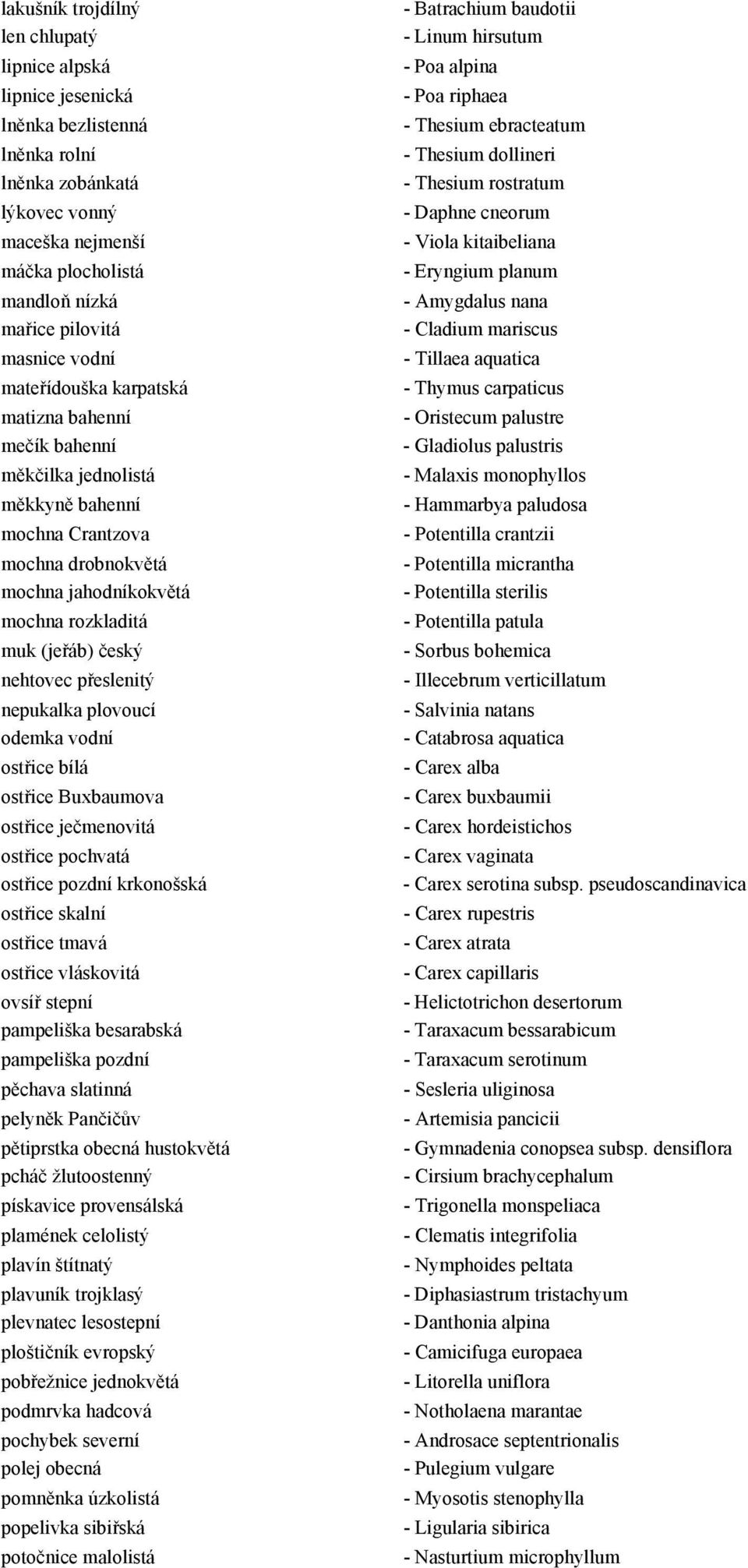 nehtovec přeslenitý nepukalka plovoucí odemka vodní ostřice bílá ostřice Buxbaumova ostřice ječmenovitá ostřice pochvatá ostřice pozdní krkonošská ostřice skalní ostřice tmavá ostřice vláskovitá